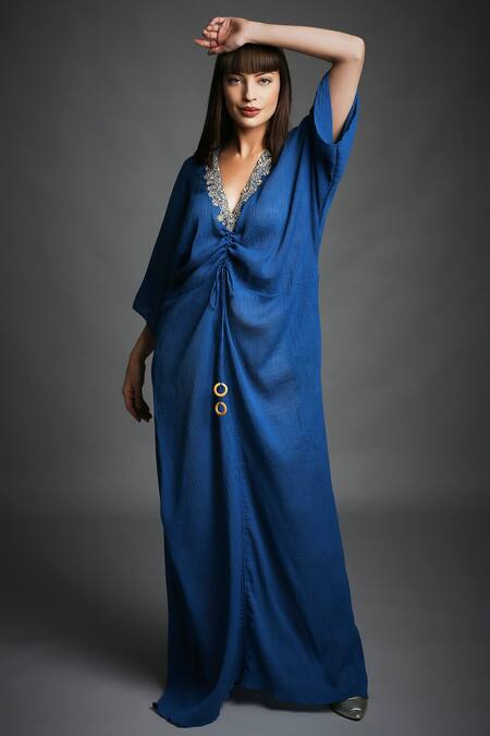 Neha Gursahani Blue Crinkled Cotton Beads V Neck Hand Embroidered Kaftan Online at Aza Fashions Neha Gursahani_Blue Crinkled Cotton Beads V Neck Hand Embroidered Kaftan _Online_at_Aza_Fashions