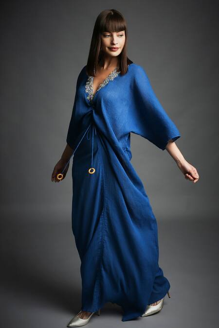 Buy Neha Gursahani Blue Crinkled Cotton Beads V Neck Hand Embroidered Kaftan Online at Aza Fashions Buy_Neha Gursahani_Blue Crinkled Cotton Beads V Neck Hand Embroidered Kaftan _Online_at_Aza_Fashions