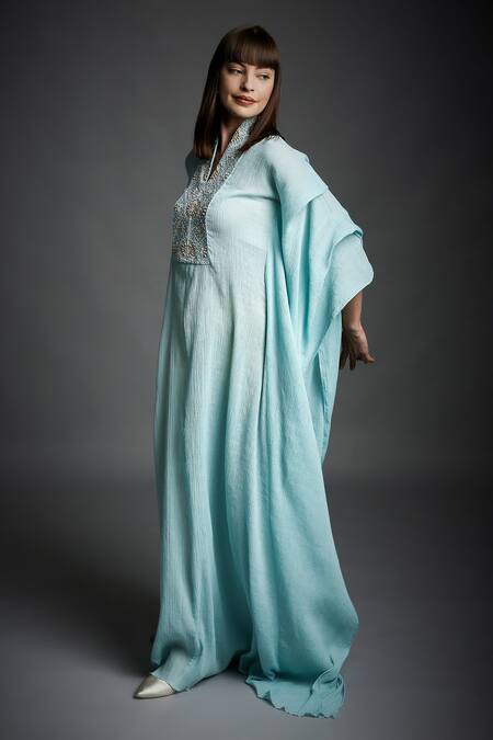 Neha Gursahani_Blue Crinkled Cotton Wooden Beads V Neck Layered Sleeve Draped Kaftan _Online_at_Aza_Fashions