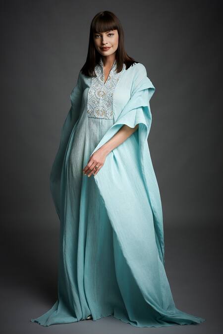 Buy_Neha Gursahani_Blue Crinkled Cotton Wooden Beads V Neck Layered Sleeve Draped Kaftan _Online_at_Aza_Fashions