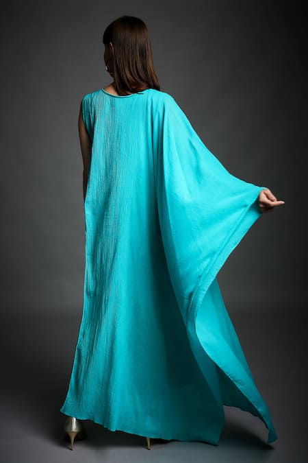 Shop Neha Gursahani Green Crinkled Cotton Wooden Beads Round Neck Draped Kaftan Tunic at Aza Fashions Shop_Neha Gursahani_Green Crinkled Cotton Wooden Beads Round Neck Draped Kaftan Tunic _at_Aza_Fashions