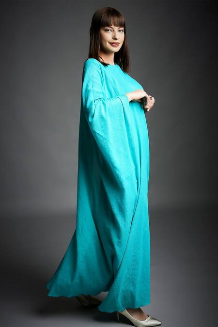 Neha Gursahani Green Crinkled Cotton Wooden Beads Round Neck Draped Kaftan Tunic Online at Aza Fashions Neha Gursahani_Green Crinkled Cotton Wooden Beads Round Neck Draped Kaftan Tunic _Online_at_Aza_Fashions