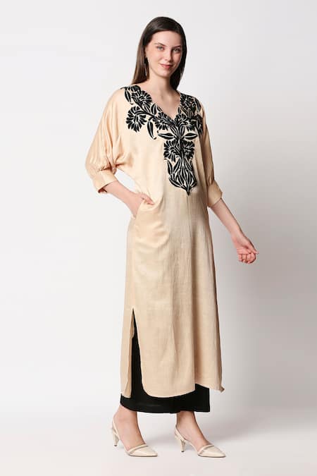 Neha Gursahani_Beige Kurta-satin Linen, Pants-viscose Rayon V Neck Embroidered Kurta With Pants _Online_at_Aza_Fashions