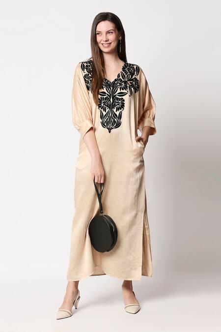 Buy_Neha Gursahani_Beige Kurta-satin Linen, Pants-viscose Rayon V Neck Embroidered Kurta With Pants _Online_at_Aza_Fashions