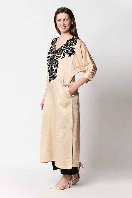 Shop_Neha Gursahani_Beige Kurta-satin Linen, Pants-viscose Rayon V Neck Embroidered Kurta With Pants _Online_at_Aza_Fashions