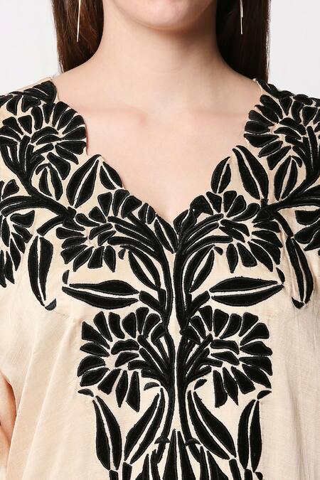 Neha Gursahani_Beige Kurta-satin Linen, Pants-viscose Rayon V Neck Embroidered Kurta With Pants _at_Aza_Fashions