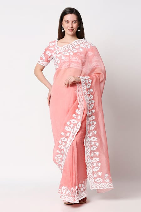 Neha Gursahani Pink Chanderi V Neck Embroidered Saree With Blouse Online at Aza Fashions Neha Gursahani_Pink Chanderi V Neck Embroidered Saree With Blouse _Online_at_Aza_Fashions