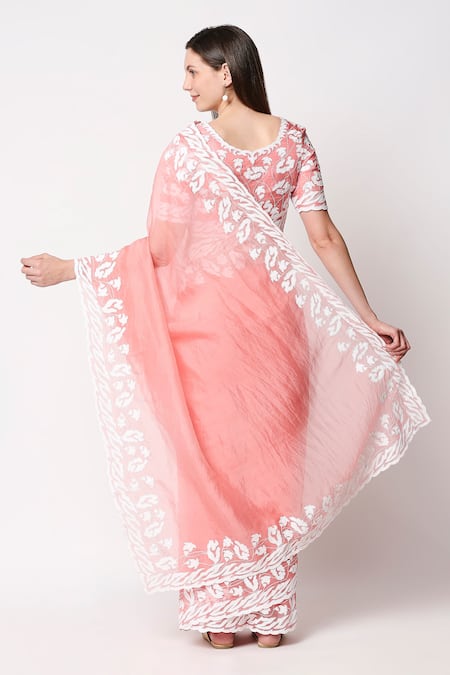 Shop Neha Gursahani Pink Chanderi V Neck Embroidered Saree With Blouse at Aza Fashions Shop_Neha Gursahani_Pink Chanderi V Neck Embroidered Saree With Blouse _at_Aza_Fashions