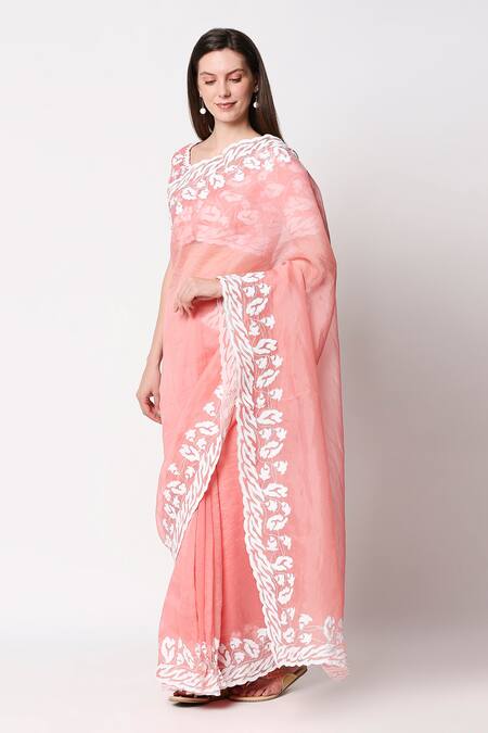 Buy Neha Gursahani Pink Chanderi V Neck Embroidered Saree With Blouse Online at Aza Fashions Buy_Neha Gursahani_Pink Chanderi V Neck Embroidered Saree With Blouse _Online_at_Aza_Fashions