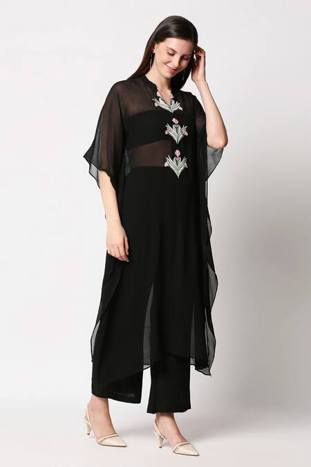 Neha Gursahani Black Chiffon Embroidery V Neck Kaftan With Pants Online at Aza Fashions Neha Gursahani_Black Chiffon Embroidery V Neck Kaftan With Pants _Online_at_Aza_Fashions