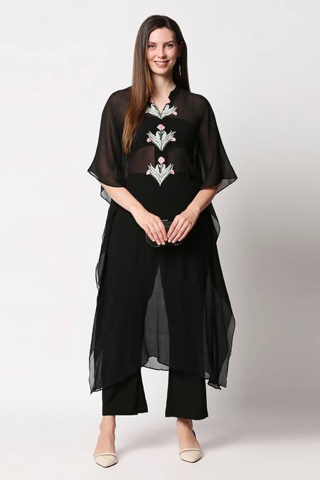 Buy Neha Gursahani Black Chiffon Embroidery V Neck Kaftan With Pants Online at Aza Fashions Buy_Neha Gursahani_Black Chiffon Embroidery V Neck Kaftan With Pants _Online_at_Aza_Fashions