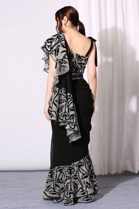 Shop Neha Gursahani Black Organza, Art Chiffon Square Neck Embroidered Ruffle Saree With Blouse at Aza Fashions Shop_Neha Gursahani_Black Organza, Art Chiffon Square Neck Embroidered Ruffle Saree With Blouse _at_Aza_Fashions