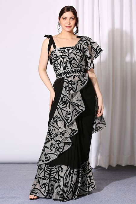 Neha Gursahani Black Organza, Art Chiffon Square Neck Embroidered Ruffle Saree With Blouse Online at Aza Fashions Neha Gursahani_Black Organza, Art Chiffon Square Neck Embroidered Ruffle Saree With Blouse _Online_at_Aza_Fashions