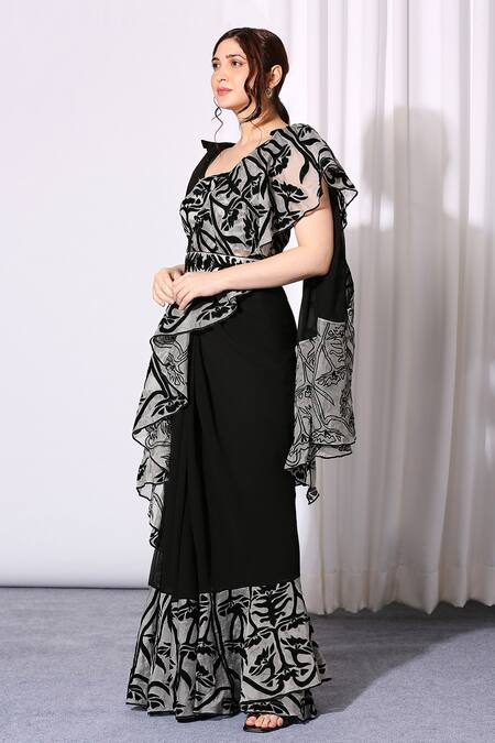 Buy Neha Gursahani Black Organza, Art Chiffon Square Neck Embroidered Ruffle Saree With Blouse Online at Aza Fashions Buy_Neha Gursahani_Black Organza, Art Chiffon Square Neck Embroidered Ruffle Saree With Blouse _Online_at_Aza_Fashions