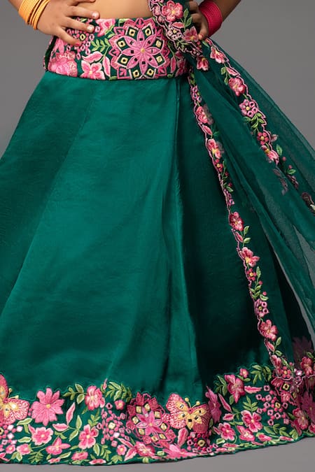 Neha Gursahani_Green Organza, Net Embroidery Lehenga Set _Online_at_Aza_Fashions