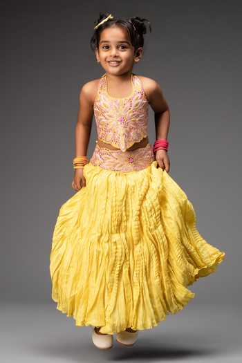 Neha Gursahani Chanderi Embroidered Blouse & Crinkled Lehenga Set 