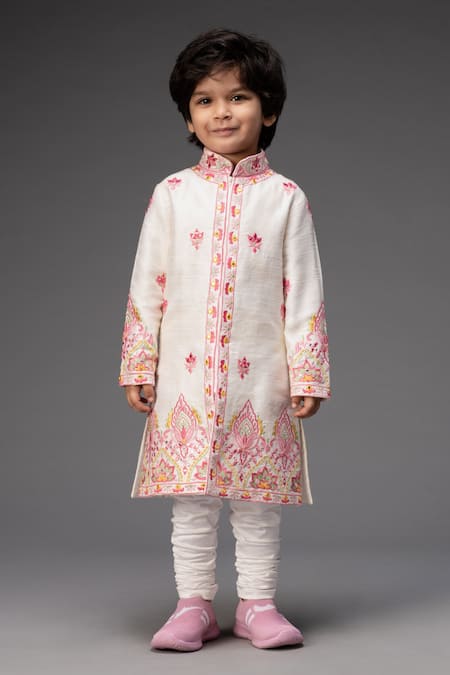 Neha Gursahani White Silk, Satin, Chiffon Embroidery Raw Sherwani Set 