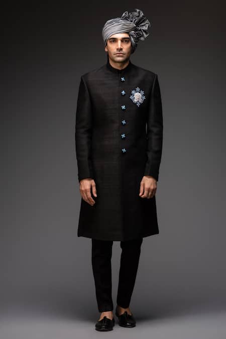 Neha Gursahani Black Raw Silk Thread And Mirror Sherwani Set 