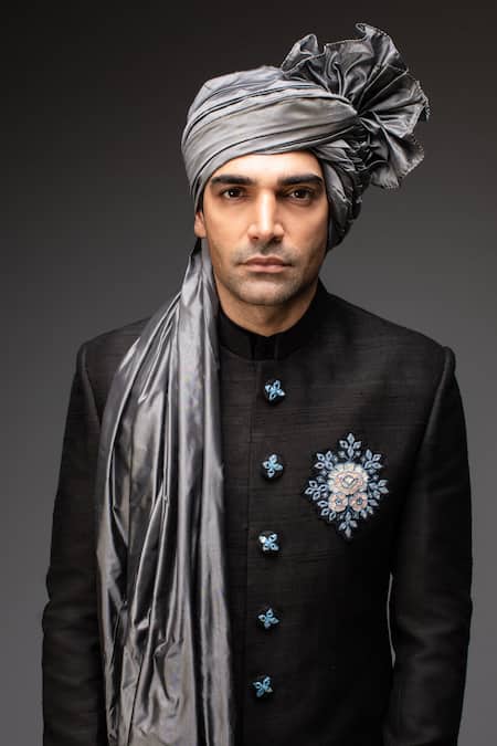 Neha Gursahani_Black Raw Silk Thread And Mirror Sherwani Set _Online_at_Aza_Fashions
