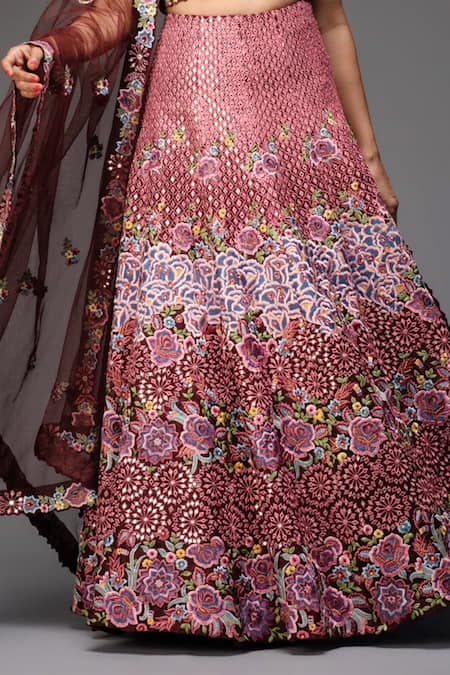 Neha Gursahani Maroon Lehenga And Blouse Organza Dupatta Net Floral Embroidered Bridal Set Online at Aza Fashions Neha Gursahani_Maroon Lehenga And Blouse Organza Dupatta Net Floral Embroidered Bridal Set _Online_at_Aza_Fashions