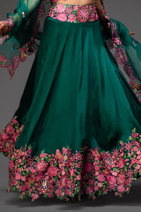 Buy_Neha Gursahani_Green Lehenga And Blouse Organza Dupatta Net Floral Embroidered Bridal Set _Online_at_Aza_Fashions