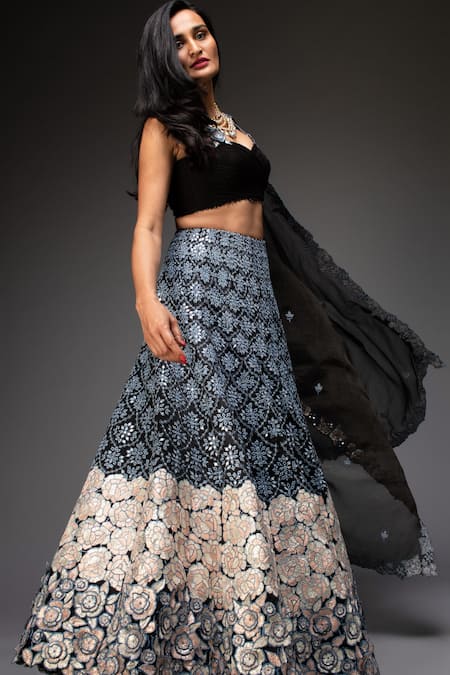 Neha Gursahani_Black Lehenga And Dupatta Organza Blouse Chiffon Embroidered Floral Bridal Set _Online_at_Aza_Fashions
