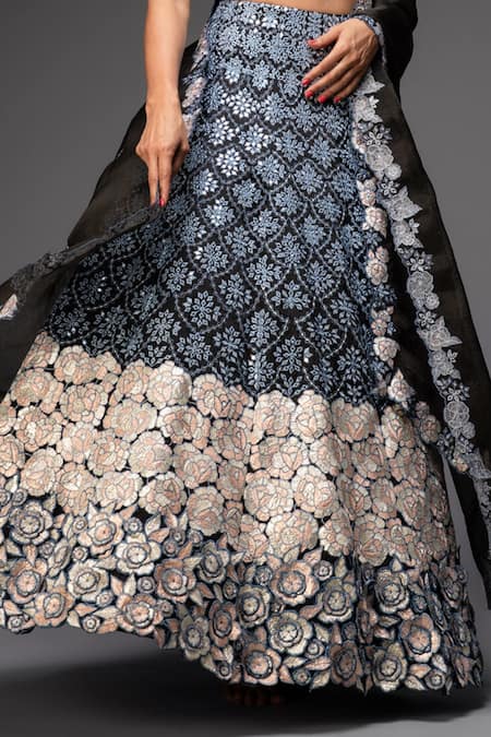 Shop_Neha Gursahani_Black Lehenga And Dupatta Organza Blouse Chiffon Embroidered Floral Bridal Set _Online_at_Aza_Fashions