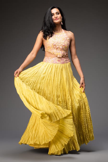 Neha Gursahani Chanderi Embroidered Blouse & Crinkled Lehenga Set 