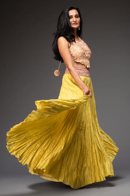 Neha Gursahani Chanderi Embroidered Blouse & Crinkled Lehenga Set 