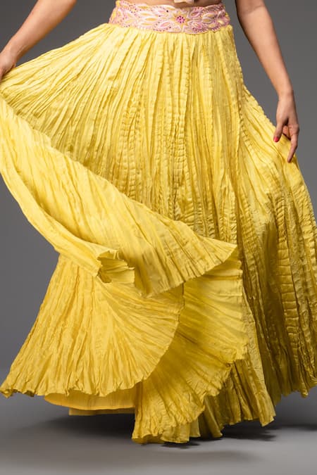 Neha Gursahani_Yellow Chanderi Floral Halter Embroidered Blouse And Crinkled Lehenga Set _Online_at_Aza_Fashions