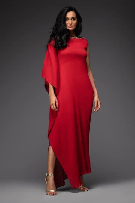 Shop Neha Gursahani Red Crinkled Cotton Floral Round Asymmetric Dress at Aza Fashions Shop_Neha Gursahani_Red Crinkled Cotton Floral Round Asymmetric Dress _at_Aza_Fashions