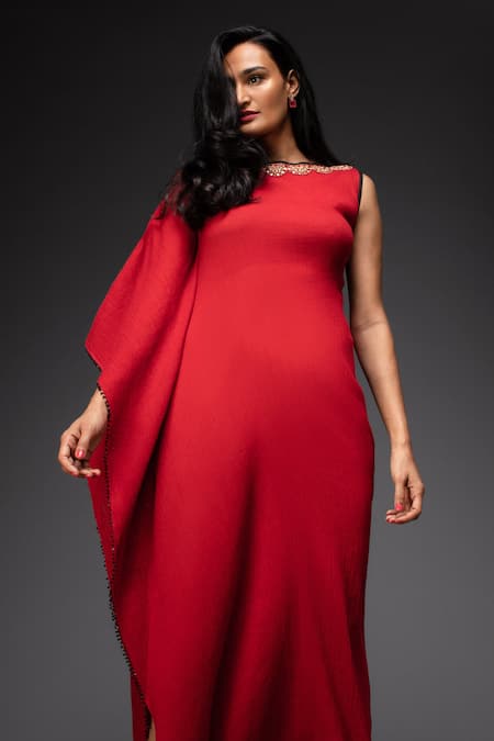 Neha Gursahani Red Crinkled Cotton Floral Round Asymmetric Dress Online at Aza Fashions Neha Gursahani_Red Crinkled Cotton Floral Round Asymmetric Dress _Online_at_Aza_Fashions