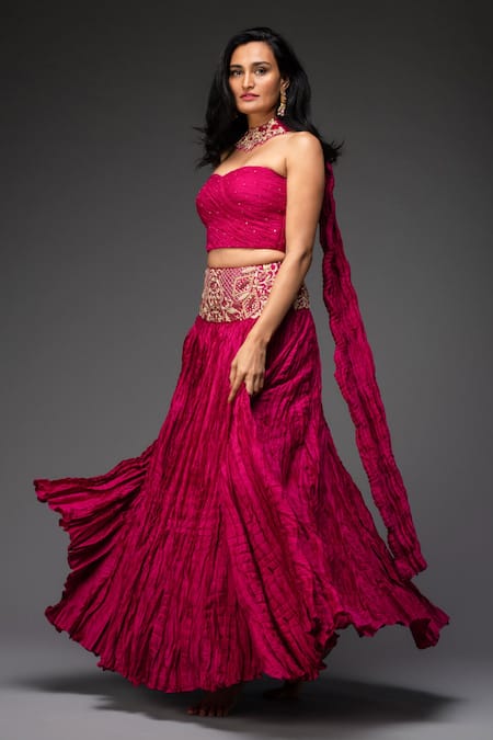 Neha Gursahani_Pink Blouse Pure Chiffon Dupatta And Lehenga Crinkled Chanderi Embroidered Set _Online_at_Aza_Fashions