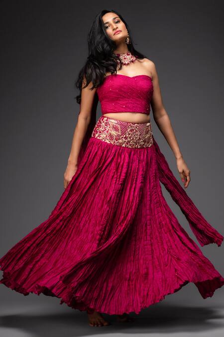 Buy_Neha Gursahani_Pink Blouse Pure Chiffon Dupatta And Lehenga Crinkled Chanderi Embroidered Set _Online_at_Aza_Fashions