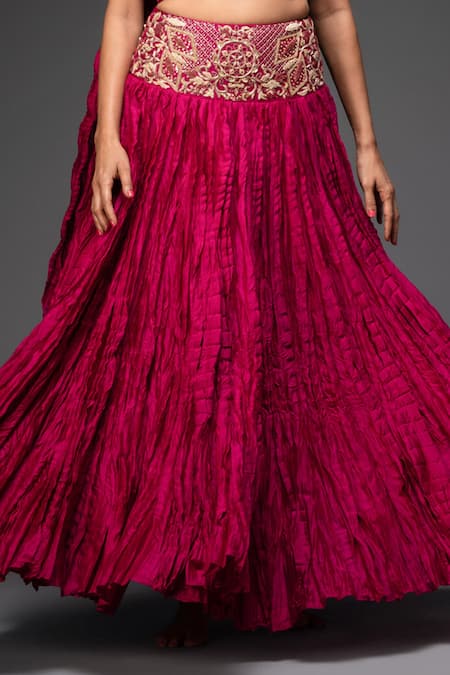 Shop_Neha Gursahani_Pink Blouse Pure Chiffon Dupatta And Lehenga Crinkled Chanderi Embroidered Set _Online_at_Aza_Fashions