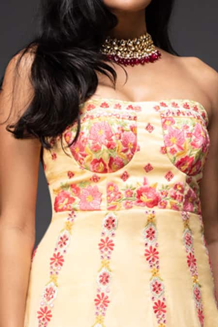 Buy_Neha Gursahani_Yellow Organza Floral Bandeau Embroidered Corset Dress _Online_at_Aza_Fashions