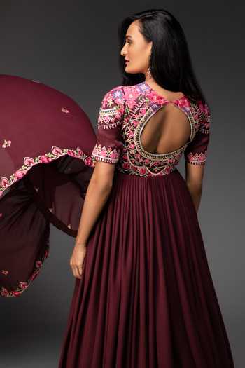 Neha Gursahani_Maroon Anarkali Georgette Dupatta Organza Floral Round Embroidered With _Online_at_Aza_Fashions