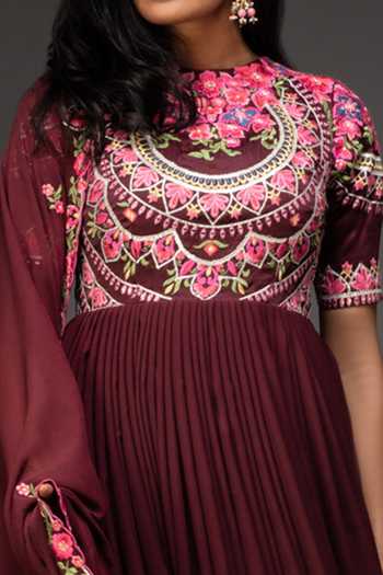 Buy_Neha Gursahani_Maroon Anarkali Georgette Dupatta Organza Floral Round Embroidered With _Online_at_Aza_Fashions