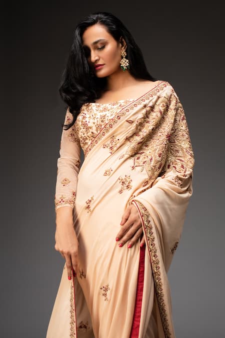 Neha Gursahani_Beige Saree Georgette Blouse Net Floral Leaf Neck Embroidered With _Online_at_Aza_Fashions