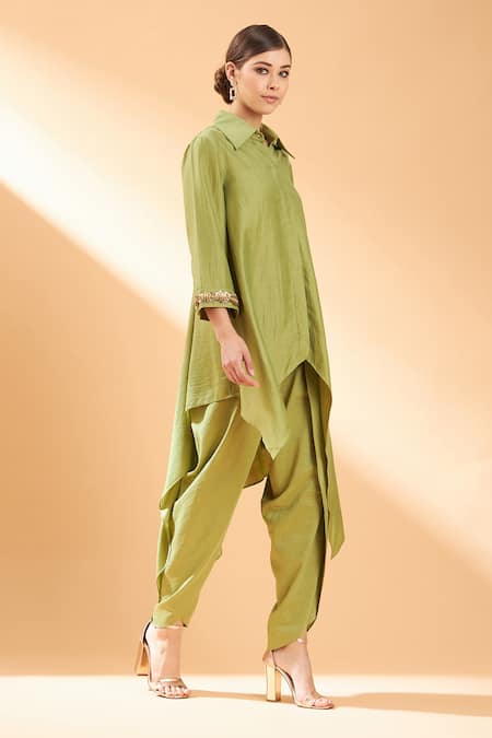 Aakaar_Green Cotton Silk Sequin And Beads Collared Neck Tunic & Draped Pant Set _Online_at_Aza_Fashions