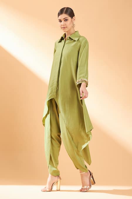 Buy_Aakaar_Green Cotton Silk Sequin And Beads Collared Neck Tunic & Draped Pant Set _Online_at_Aza_Fashions