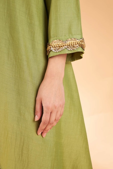 Shop_Aakaar_Green Cotton Silk Sequin And Beads Collared Neck Tunic & Draped Pant Set _Online_at_Aza_Fashions