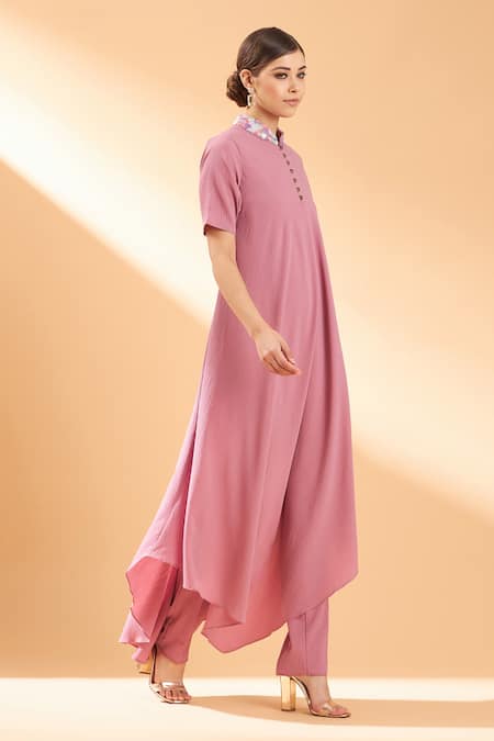 Aakaar_Pink Moss Crepe Sequin Band Asymmetric Tunic And Pant Set_Online_at_Aza_Fashions