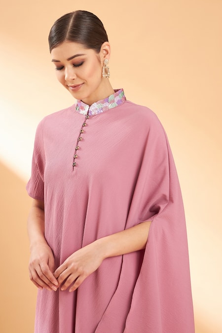 Shop_Aakaar_Pink Moss Crepe Sequin Band Asymmetric Tunic And Pant Set_Online_at_Aza_Fashions