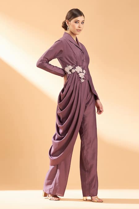 Aakaar Purple Cotton Silk Sequin And Beads Collared Draped Blazer Style Tunic & Pant Set Online at Aza Fashions Aakaar_Purple Cotton Silk Sequin And Beads Collared Draped Blazer Style Tunic & Pant Set _Online_at_Aza_Fashions