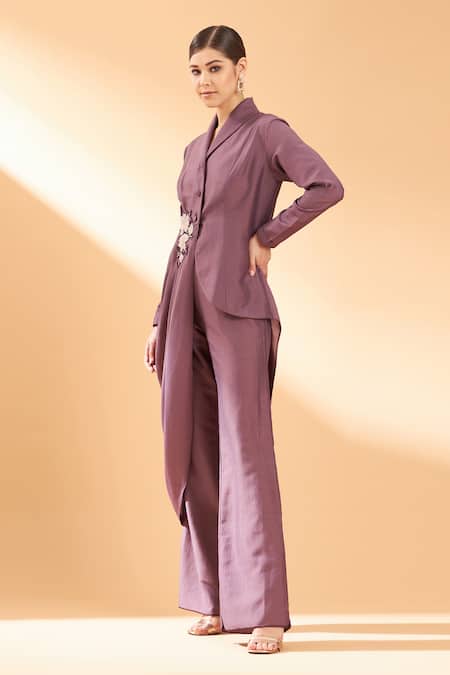 Buy Aakaar Purple Cotton Silk Sequin And Beads Collared Draped Blazer Style Tunic & Pant Set Online at Aza Fashions Buy_Aakaar_Purple Cotton Silk Sequin And Beads Collared Draped Blazer Style Tunic & Pant Set _Online_at_Aza_Fashions
