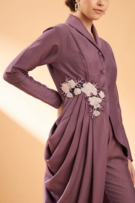 Shop Aakaar Purple Cotton Silk Sequin And Beads Collared Draped Blazer Style Tunic & Pant Set Online at Aza Fashions Shop_Aakaar_Purple Cotton Silk Sequin And Beads Collared Draped Blazer Style Tunic & Pant Set _Online_at_Aza_Fashions