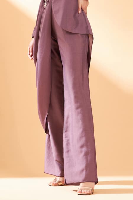 Aakaar Purple Cotton Silk Sequin And Beads Collared Draped Blazer Style Tunic & Pant Set at Aza Fashions Aakaar_Purple Cotton Silk Sequin And Beads Collared Draped Blazer Style Tunic & Pant Set _at_Aza_Fashions
