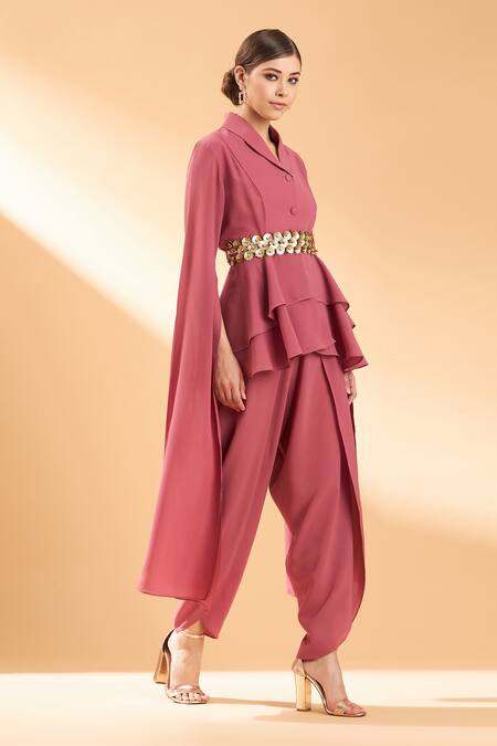 Aakaar_Pink Moss Crepe Collared Neck Layered Jacket And Pant Set _Online_at_Aza_Fashions