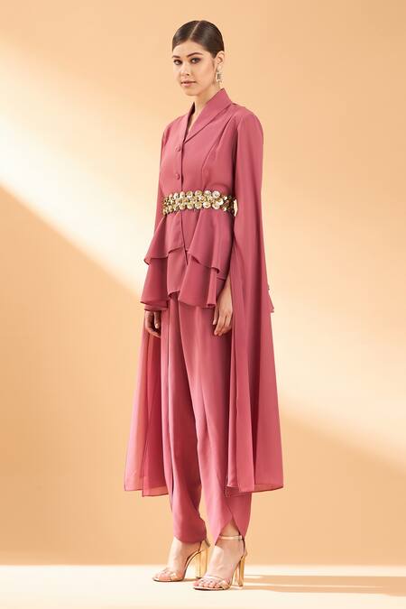 Buy_Aakaar_Pink Moss Crepe Collared Neck Layered Jacket And Pant Set _Online_at_Aza_Fashions